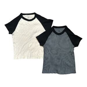 Brandy Melville White/Black Gray/Black Crop Rib Knit 2 Tee Shirt One Size